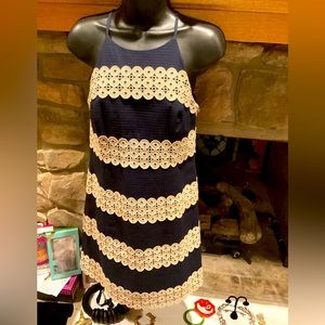 Lilly Pulitzer Annabelle navy gold lace halter neck shift dress Sz.00